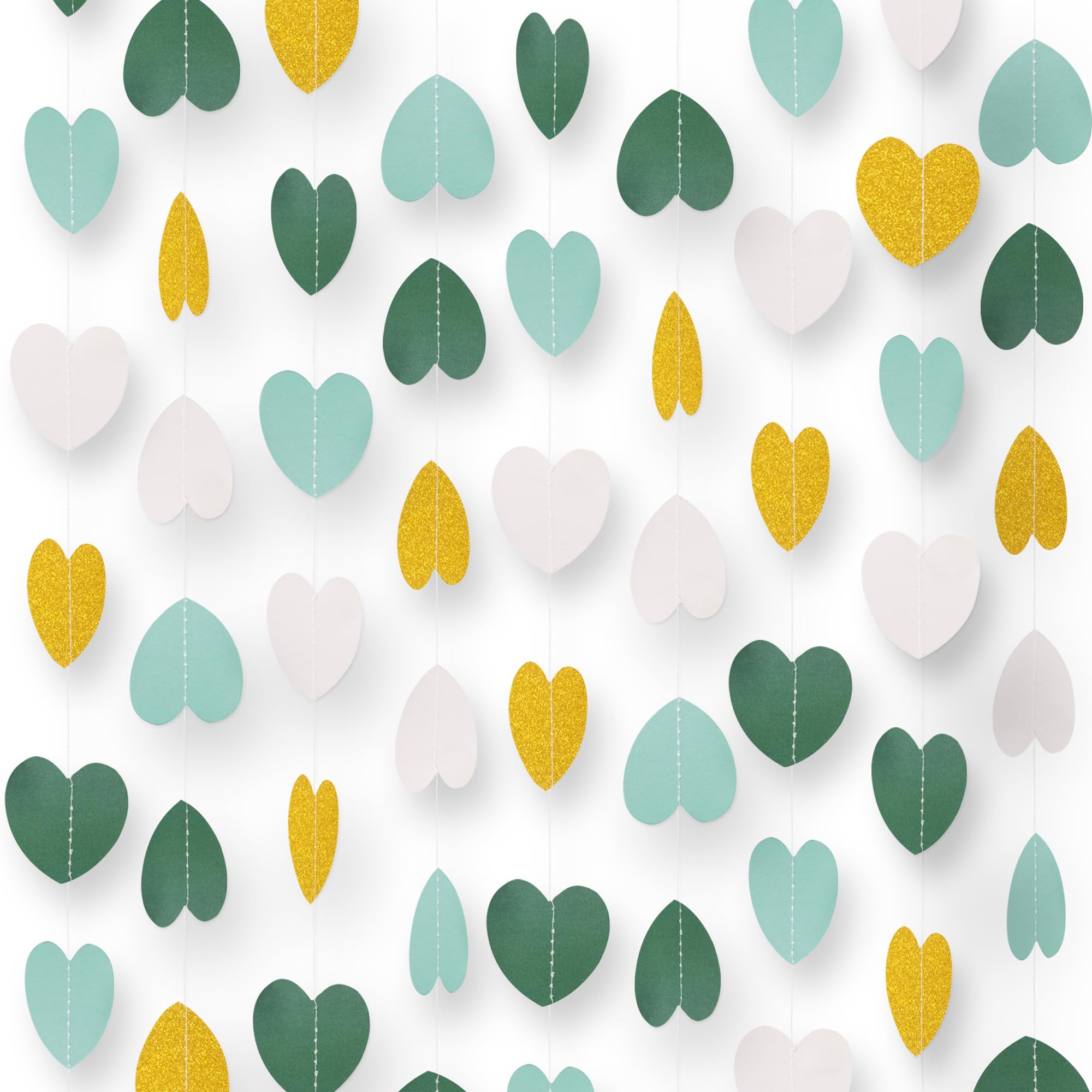 Photo 1 of 65.6Ft Sage-Green Ivory-Gold Love-Heart Garland, Love-Heart Party Streamers Banner Hanging Decoration for Rustic Wedding Bridal Shower Birthday Bachelorette Engagement Valentines Decor