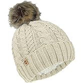 Timberland Women’s Cable Knit Faux Fur Pom Beanie - Soft Winter Hat, Ribbed Cuff, Warm Lining, Stylish Cozy Cold Weather Wear