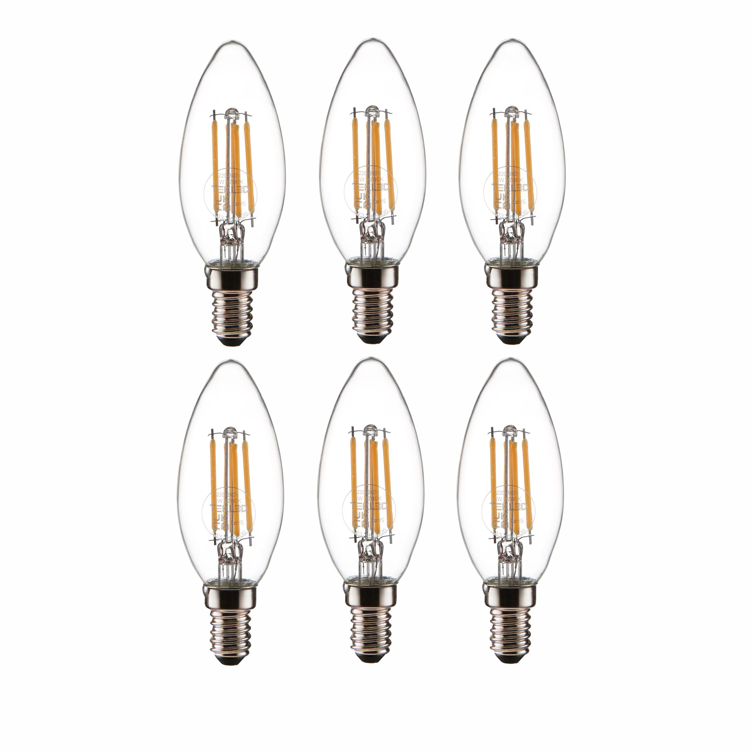 TEKLED® C35 Candle NONDIMMABLE Filament Vintage LED Bulbs | E14 Small Edison Screw | Energy Saving 4W Light Bulb 40W Equivalent | Clear 2700K 470LM | 6-Pack | Warm White
