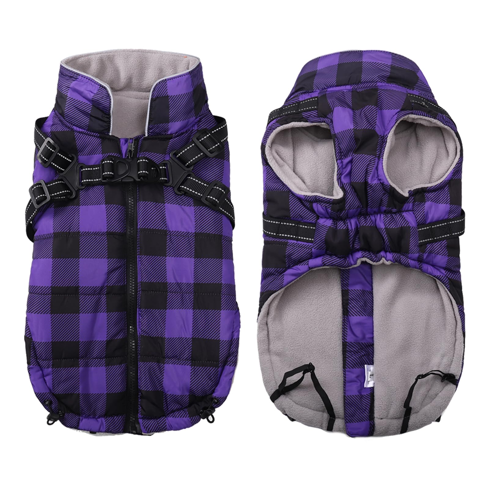 Ctomche Dog Coat Winter Jacket with Reflective Harness - Waterproof, Warm Fleece Lined Puppy Coat for Cold Weather - Plaid Design for Small, Medium, Large Dogs (Purple, X-Small) โ image 1
