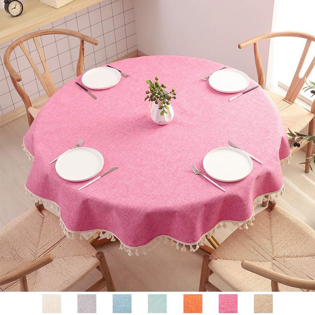 SPRICA Round Tablecloth, Cotton Linen Tassel Table Cover for Kitchen Dinner Table, Decorative Solid Color Table Desk Cover, with Tassel Diameter 60", Pink