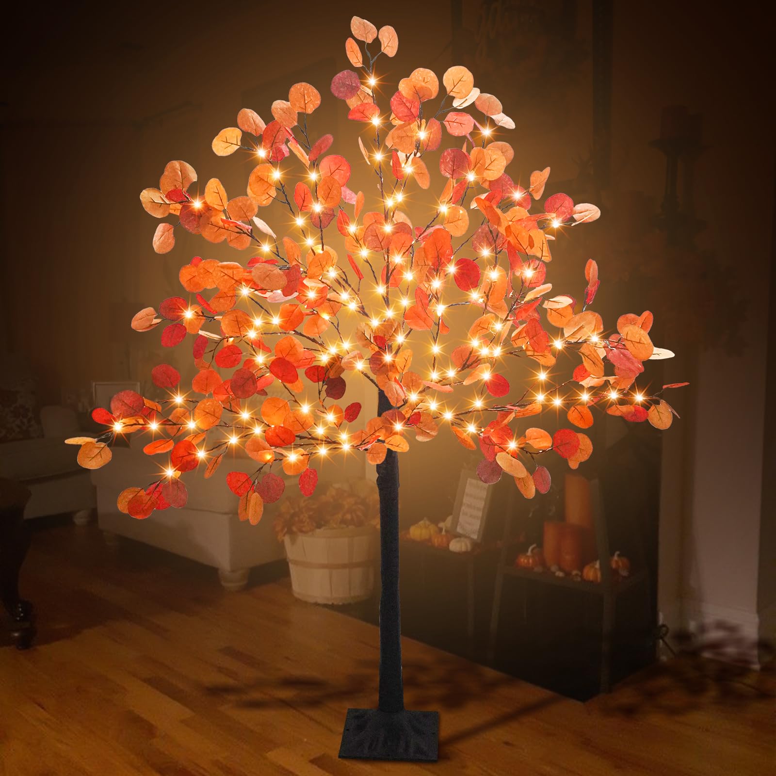 Photo 1 of Dehoxara 4FT Lighted Eucalyptus Tree Fall Decorations Artificial Autumn Tree Timer 8 Mode Thanksgiving 140 Led Eucalyptus Leaves Lights for Wedding Party Harvest Home Indoor Decor