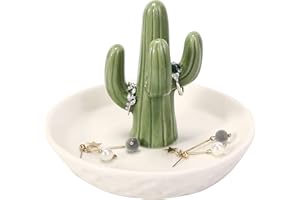 HOME SMILE Ceramic Cactus Ring Holder with Derorative White Dish for Jewelry,Christmas Birthday Gifts for Women