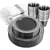NOCCUR 210PCS Black and Silver Dinnerware Set for 30 Guests - Black Plastic Plates with Silver Rim Include 30 Dinner / 30 Dessert Plates, 30 Prewrapped Silverware, 30 Cups Ideal for Party/New Year