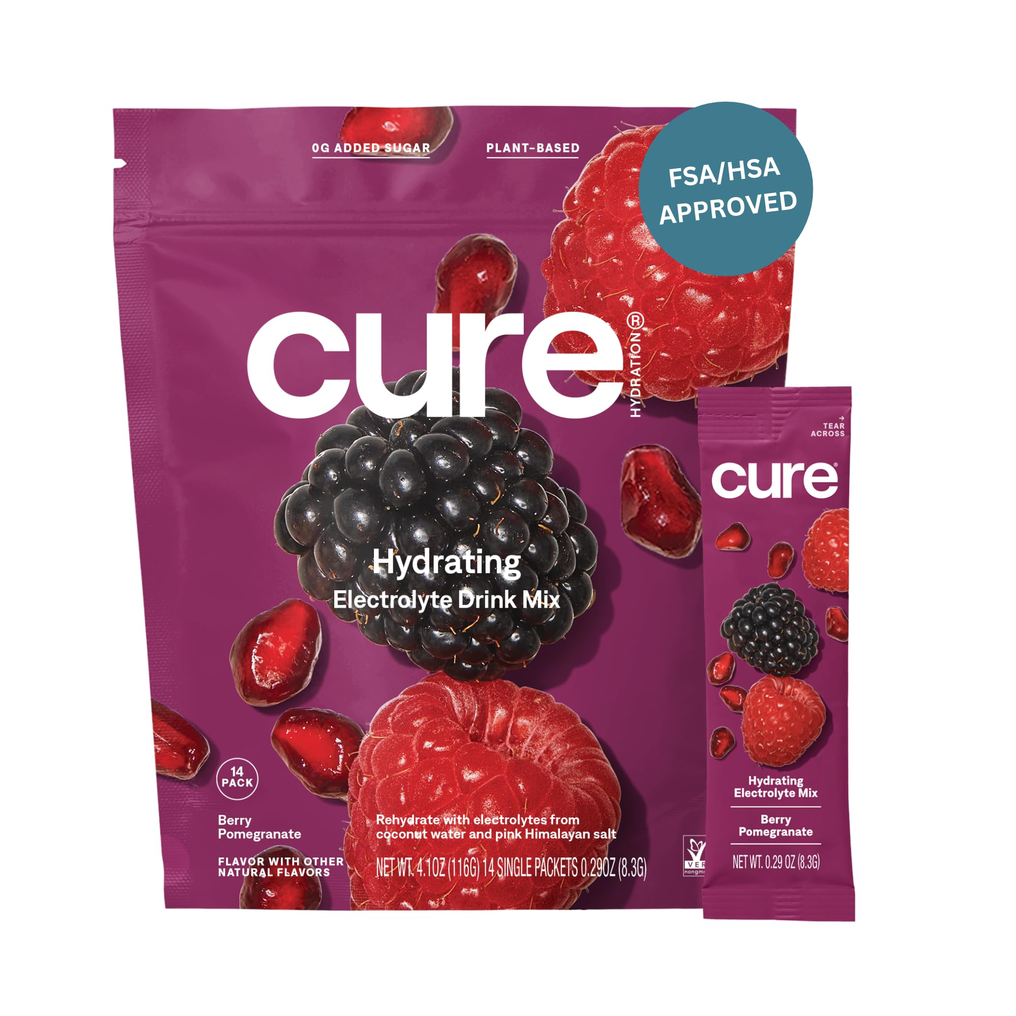Cure Hydration | Plant-Based Electrolyte Drink Mix | No Added Sugar | FSA-HSA | Dehydration Relief Powder Made with Coconut Water | Non-GMO | Vegan | Pouch of 14 Packets - Berry Pomegranate