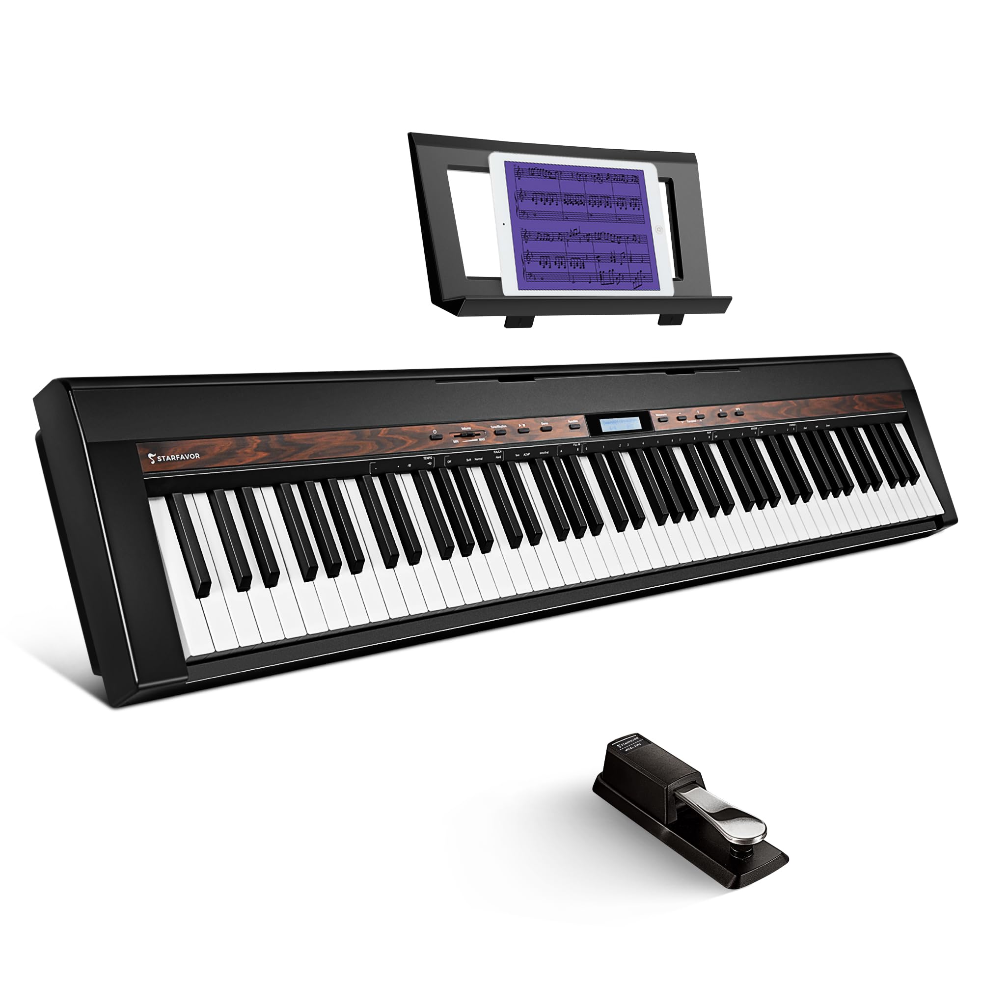 Starfavor SP-150W Digital Piano,88 Key Weighted Keyboard with Hammer Action,2x30W Speakers,200 Rhythms,238 Tones, Electric Piano Keyboard 88 Keys with Single Pedal, Wood Grain Pattern, MIDI/USB
