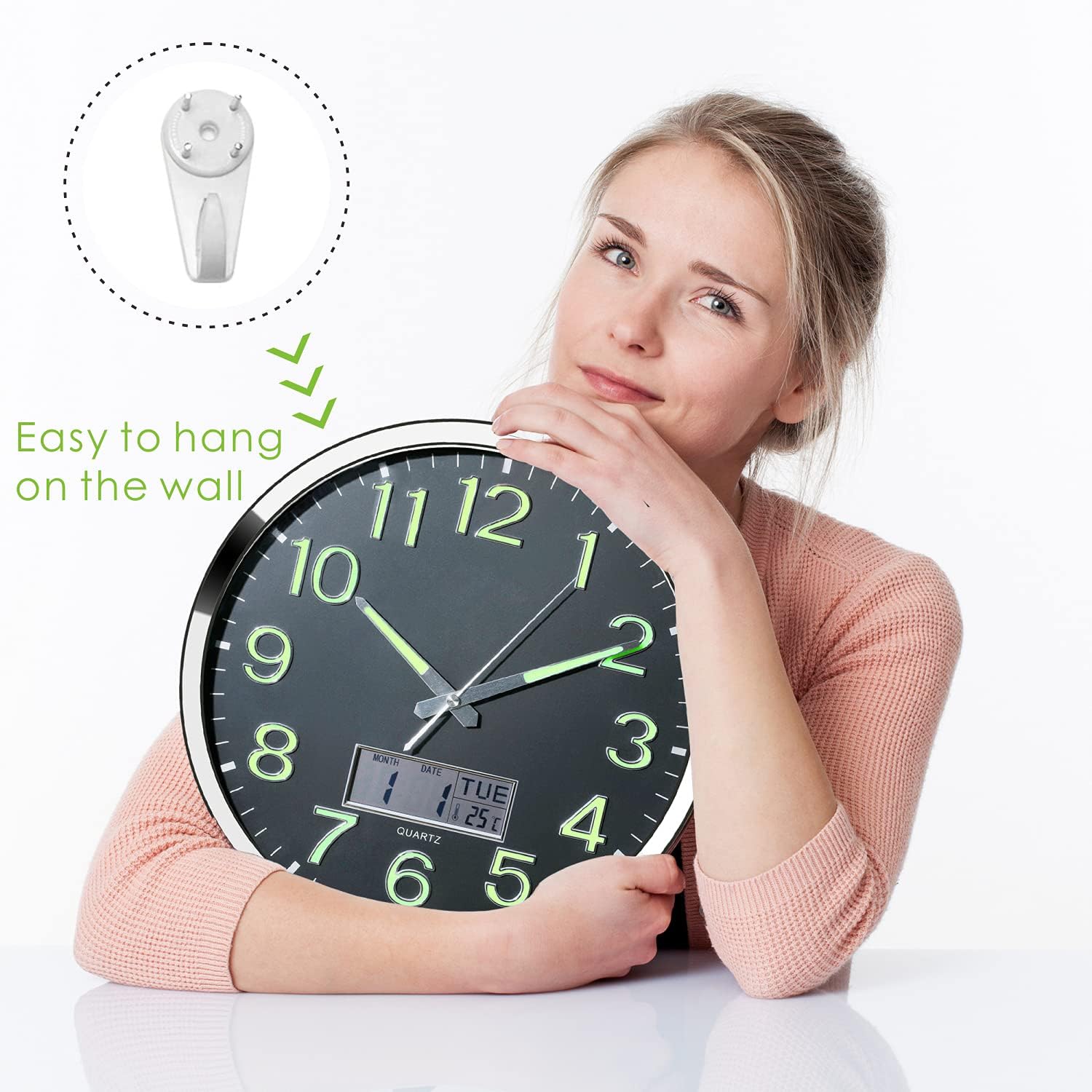 Luminous Wall Clock - 14’’ Extra Large Wall Clocks with Glowing Function LCD Display - Silent Movement for Kitchen Bedroom - Digital Wall Clocks Display Date Week Temp - Battery Operated (Green Light): Kitchen & Dining