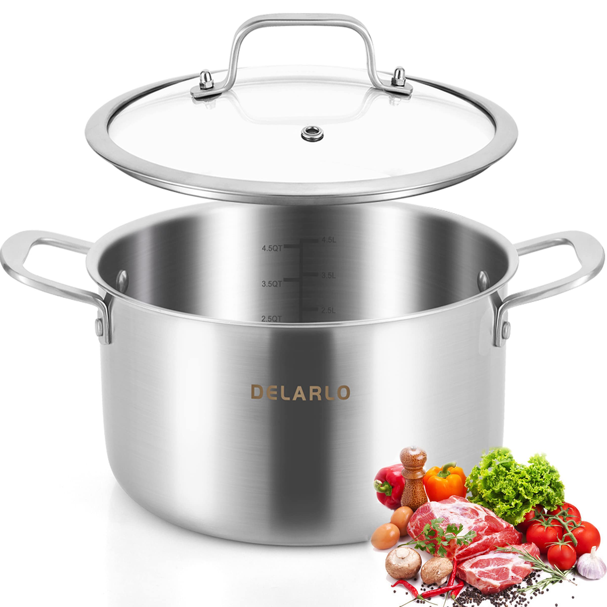 Photo 1 of DELARLO Tri-Ply Stainless Steel Stock Pot, 5 Quart Stockpot with Lid, All Stoves Safe Up to 600?, Saving Fuel 20%, Heavy Duty, Soup Pot with lid, Kitchen Essentials, Fast Even Heat