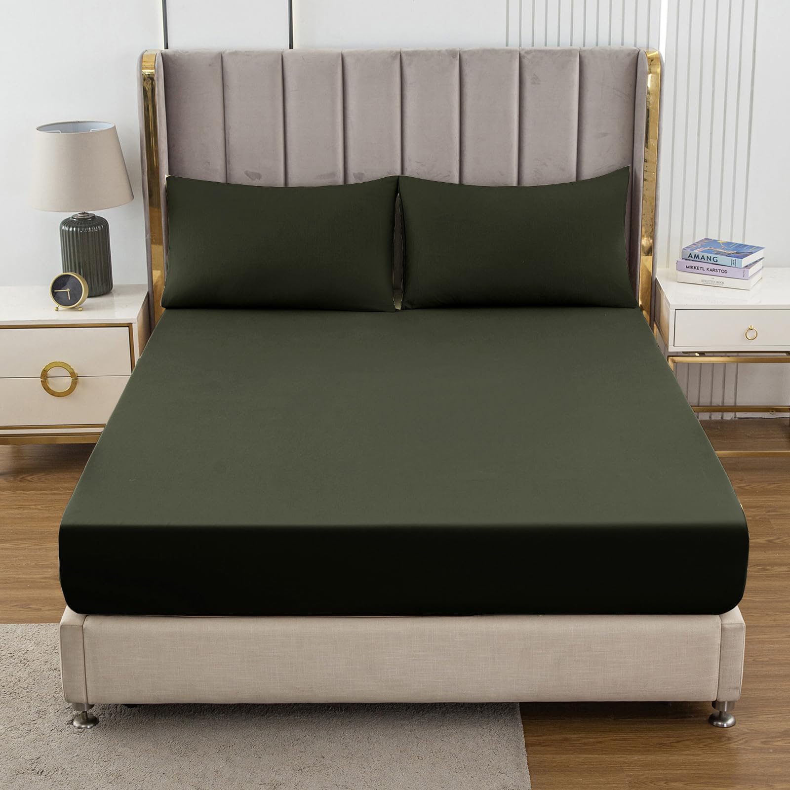 Soifox King Size Fitted Sheet Olive Green - Bed Sheets with Extra Deep Pocket 16 inch (40 cm), Soft Microfiber Bottom Sheet for Kingsize Bed, 150x200cm