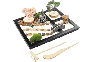MELONVA Japanese Zen Garden for Desk - Sakura Budah 9" x 7" Desktop Mini Zen Garden with White Sand Artificial Bonsai Tree Rocks Rakes & Accessories - Meditation Zen Gifts Sand Garden Kit for Office Zen Decor