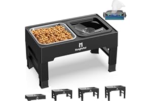 KungFuPet Elevated Dog Bowls, 2-in-1 Raised Stainless Steel Feeder Dog Bowls Stand with Anti Spill Water Bowl 4 Height for Large Medium Dogs, Non-Skid No Shaking Dog Food Bowl