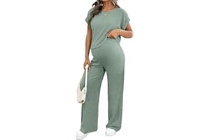 BLENCOT Maternity Sets Comfy Ribbed Lounge Set 2 Piece Outfits Short Sleeve Tops and Long Pants