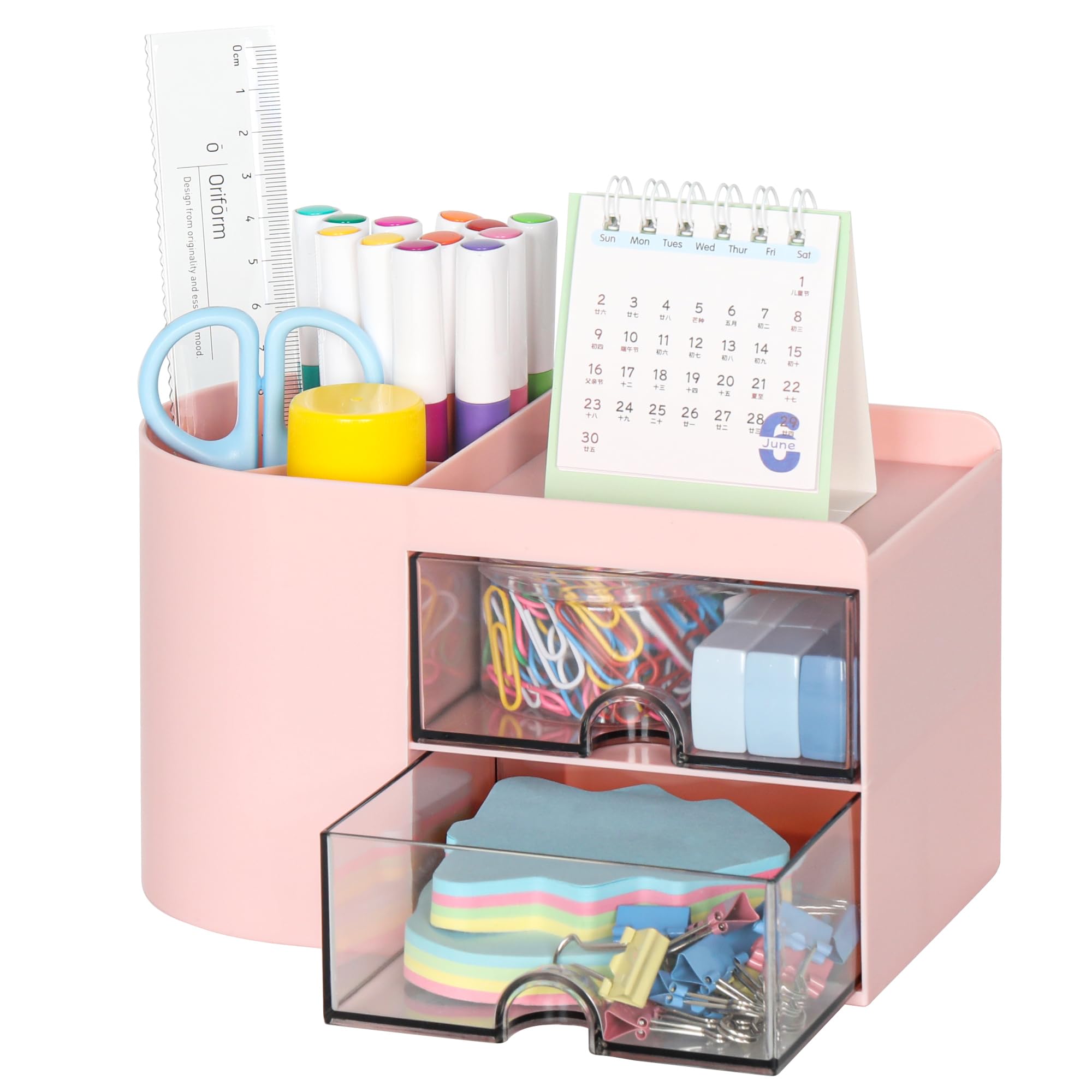 TQVAI Desk Organiser with Drawers Multifunctional Pen Holder for desk 3 Compartments 2 Drawer Dividers for Office, School and Home, Pink