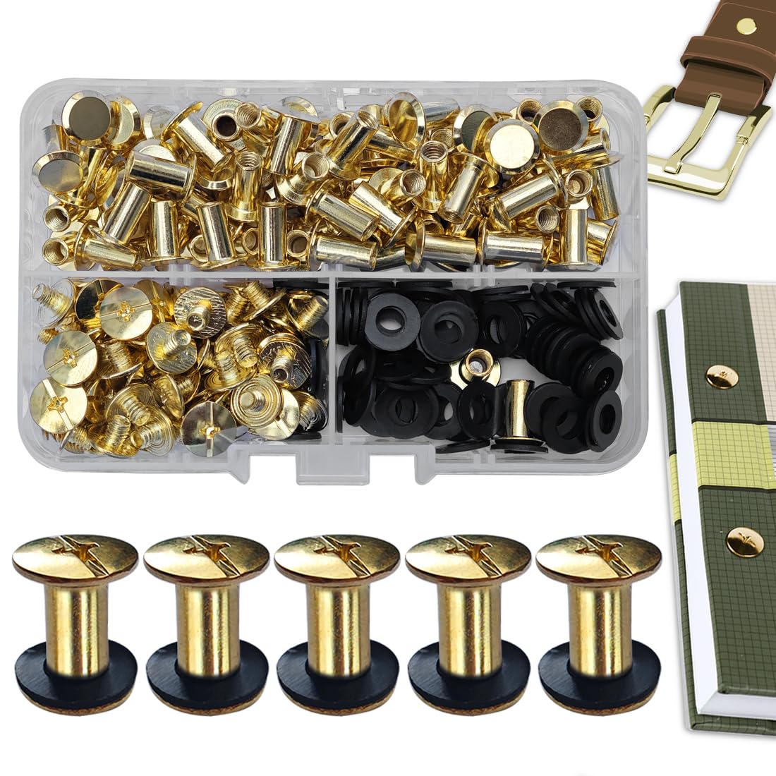 SHSMPXOY 80 Set Chicago Screws Posts for Leather Rivets M5*10mm Chicago Book Binding Screws Rivets Cross Head Chicago Button Screws for DIY Book Scrapbook Bookbinding, Bags,Collars(Gold)