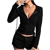 GORGLITTER Women's Lightweight Zip Up Hoodie Cropped Jackets Trendy Fall Outfits Fitted Long Sleeve Knit Sweatshirts Black Medium