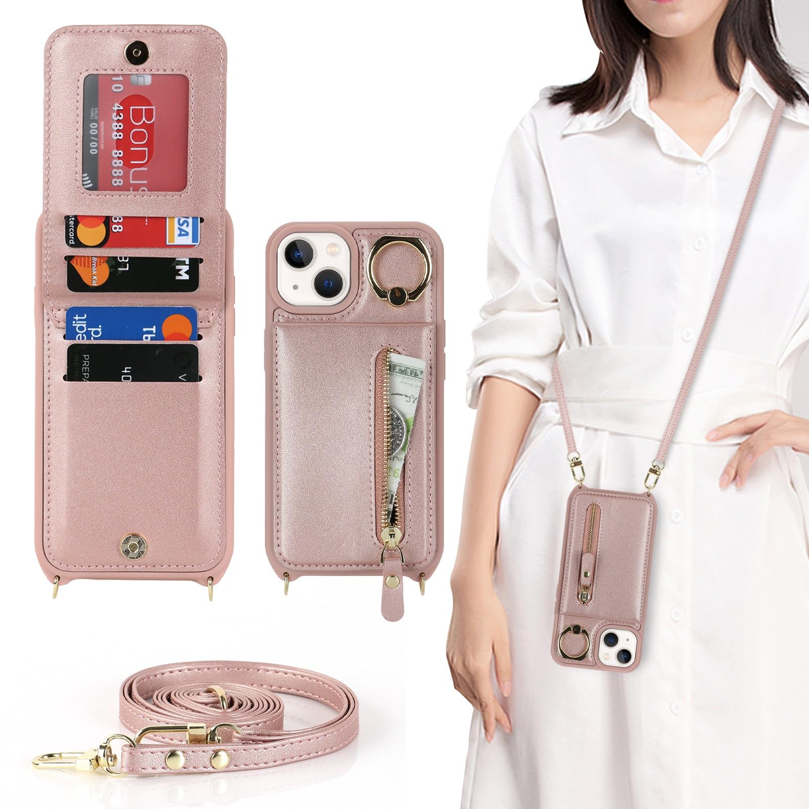 Zouzt for iPhone 13/14 Case with Cord and Card Holde, Zipper Wallet Case with Crossbody Lanyard Ring Adjustable Necklace Protective Cover Women for iPhone 13/14 6.1 Inch - Rose Gold