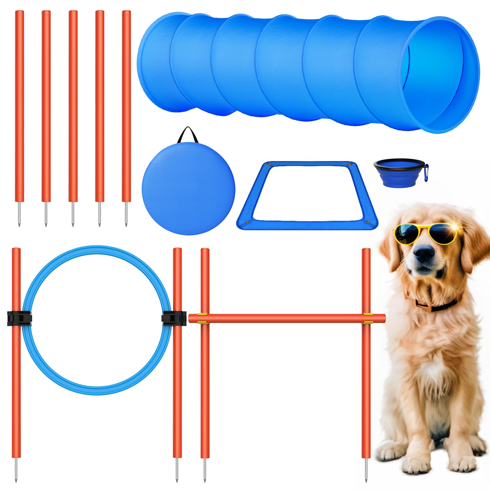 X XBEN Dog Agility Equipment, 6PCS Agility Training Set with Dog Agility Tunnel, Agility Salom Poles, Dog Agility Jump Rings and Hurdles, Break Box, Foldable Dog Water Bowl and Carriy Bags (M)