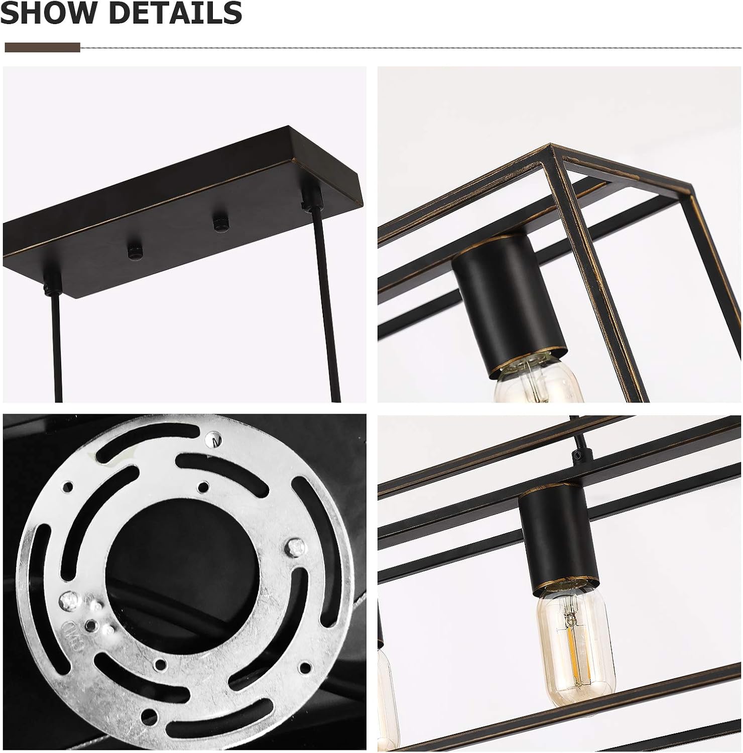 Industrial Linear Pendant Light Fixture, 4-Light Kitchen Island Lighting with Metal Open Frame . (Black+Brushed Gold, 4-Light) - - 