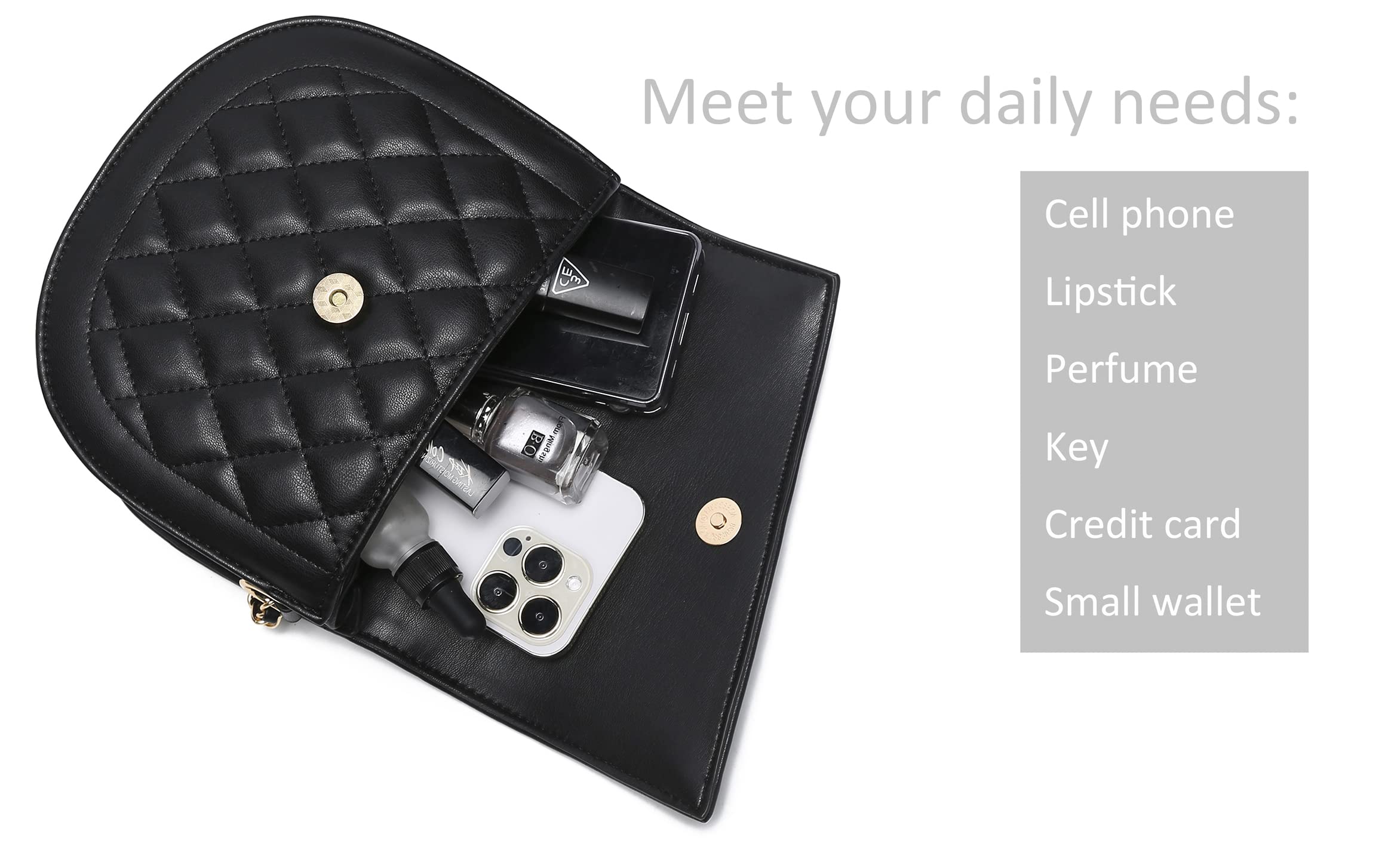 Hxixi Damen Schultertasche mit diagonaler Klappe, gesteppt, Kette, Leder, Crossbody-Tragetasche, Schwarz , Medium