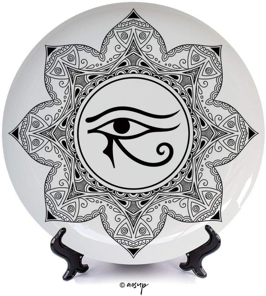 №00643 Porcelain Plates Ceramic Decorative Plates/Egyptian, Circular and Floral Antique Pattern of Mandala Eye, White and Black / 10 Inch