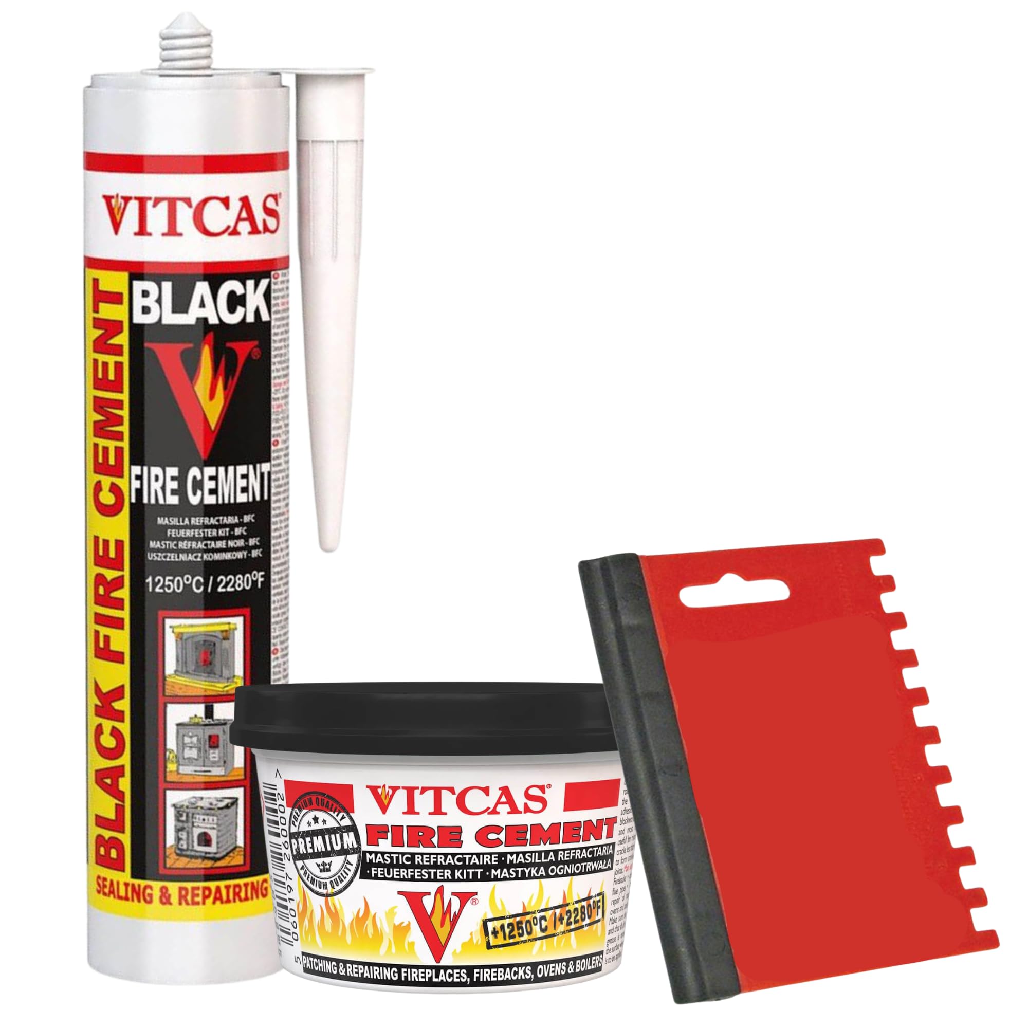 Fireplace Ready Mix Fire Cement Bundle for Indoor Use, Perfect for Wood Burning Stoves, Boilers & Fire Bricks, Includes Vitcas Black Fire Cement 500g Tub & 310ml Cartridge + Applicator Tool
