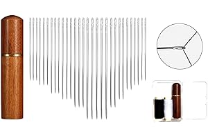 GENERIC 30 Pack Non Threading Sewing Needle Side Opening Sewing Needle with Wooden Needle Case+Square Storage Box+Black/White Threads Used for Sewing Clothes, Embroidery, etc(6 Mixed Sizes)
