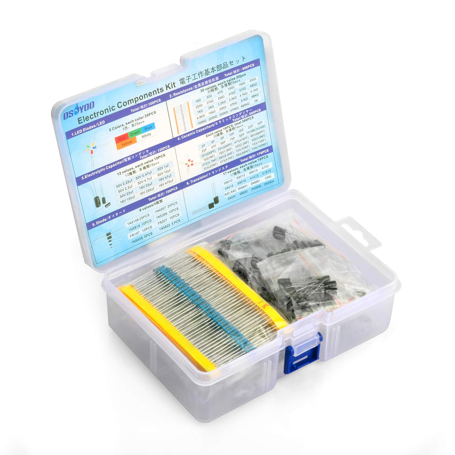 Osoyoo Electronic Component Kit (Total 1390 pcs) - LED Diodes, 30 Values Resistors, Electrolytic Capacitor Package, Ceramic Capacitors, Common Diodes, Common Transistor