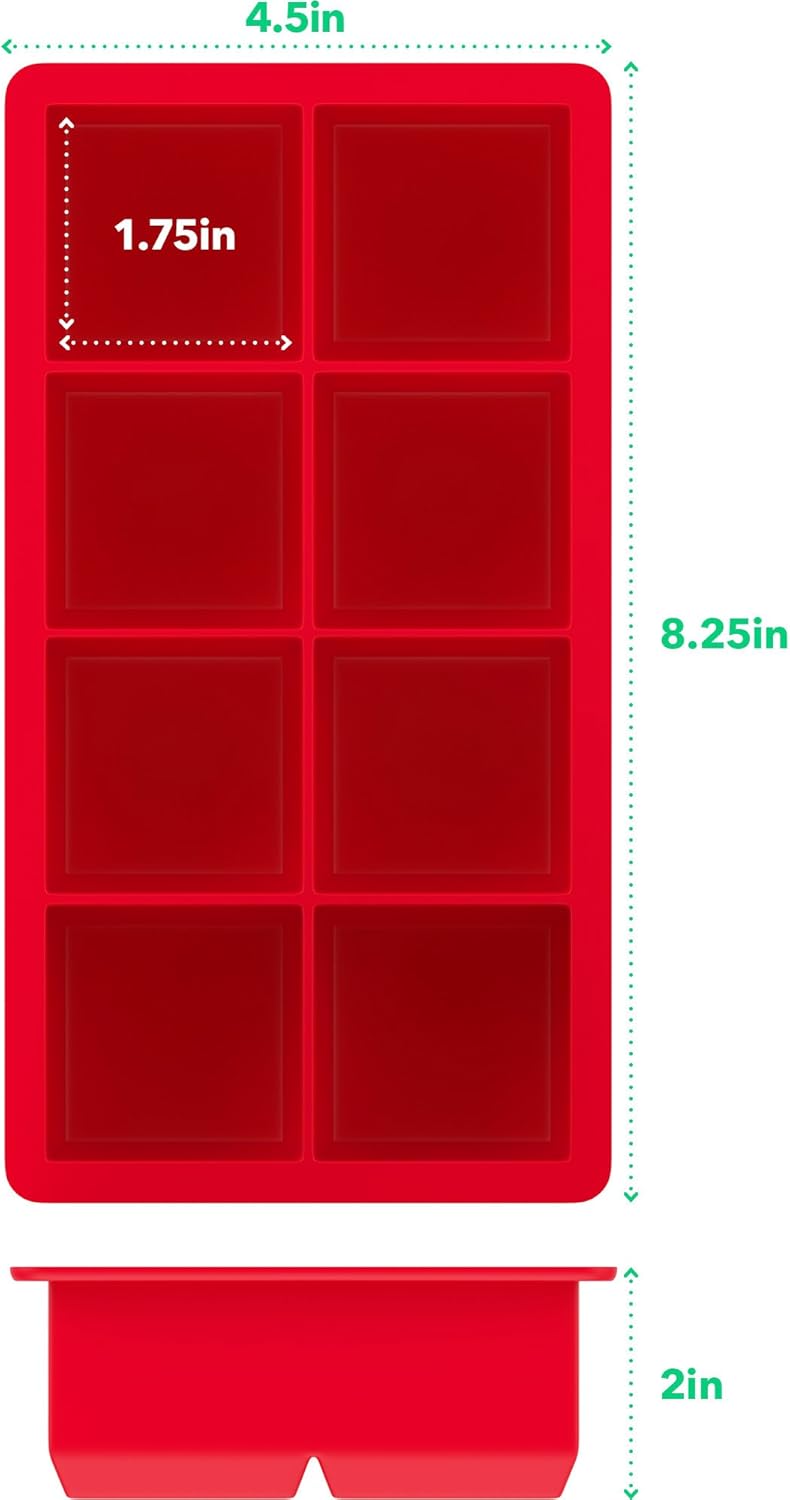 Vremi Large Silicone Ice Cube Trays - 2 Pack 8 Square Cubes per Tray Ideal for Whiskey, Cocktails, Soups, Baby Food and Frozen Treats - Flexible and BPA Free and Includes Covers for Easy Stacking: Kitchen & Dining
