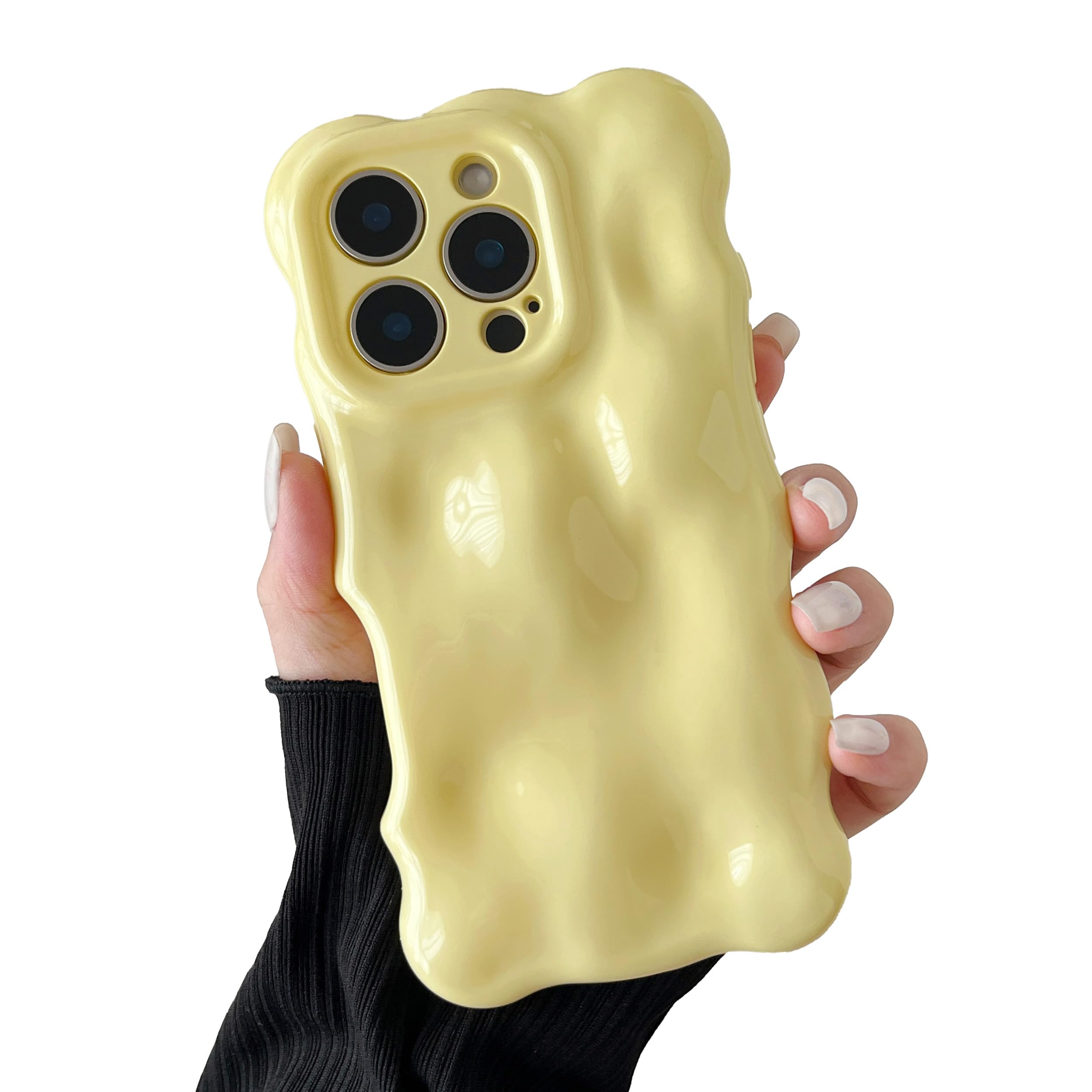 Photo 1 of XIZYO for iPhone 14 Pro Max Case 6.7 Inch Cute Wave Pattern Aesthetic 3D Curly Wavy Shape Plating Glitter Bling Women Girls Soft Bumper Silicone Shockproof Cover, Bright Yellow