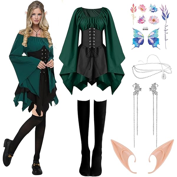 Disfraz De Elfo Para Mujer – Vestido Medieval Irlandés Con Mangas Trompeta, Calcetines Y Orejas De Elfo, Tallas S A 3XL