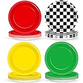 48 Pcs Race Car Plates Traffic Light Party Decorations 7 Inch Red Green Yellow Paper Plates Black White Checkered Disposable Dessert Tableware Set Traffic Theme Birthday Party Supplies for Kids