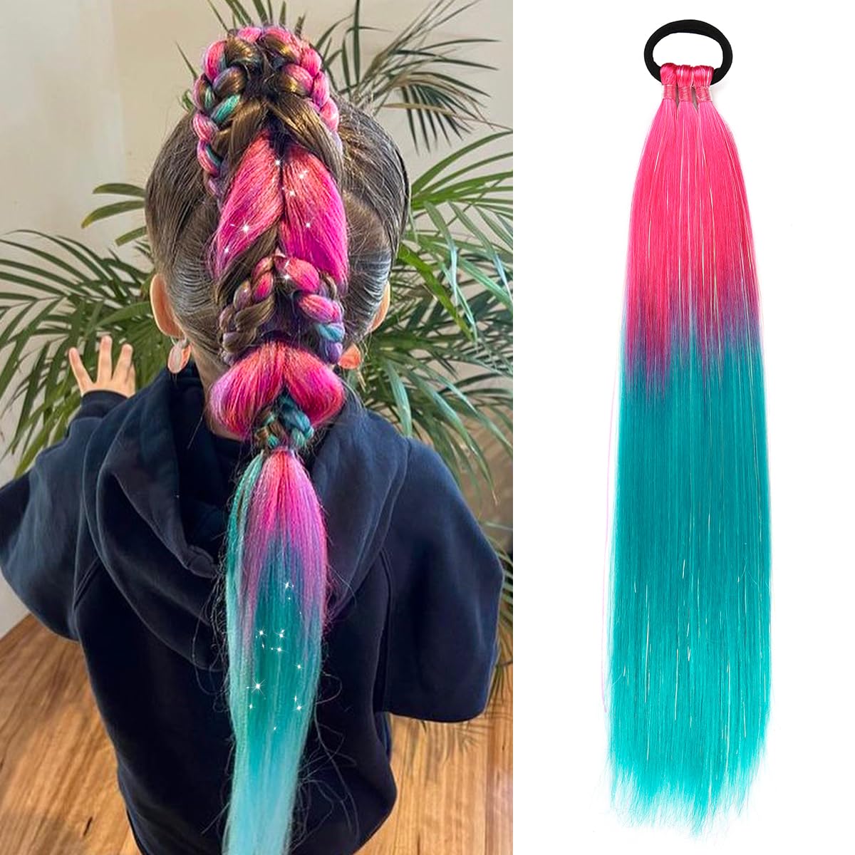 Rainbow Ponytail Extensions With Hair Tie 1 Packs 80g/Pack Coloured Hair Extensions for Braiding 18 inch Colorful Ombre Mermaid Pony Tail Synthetic Hair Extensions for Girl Women XX22 โ image 1