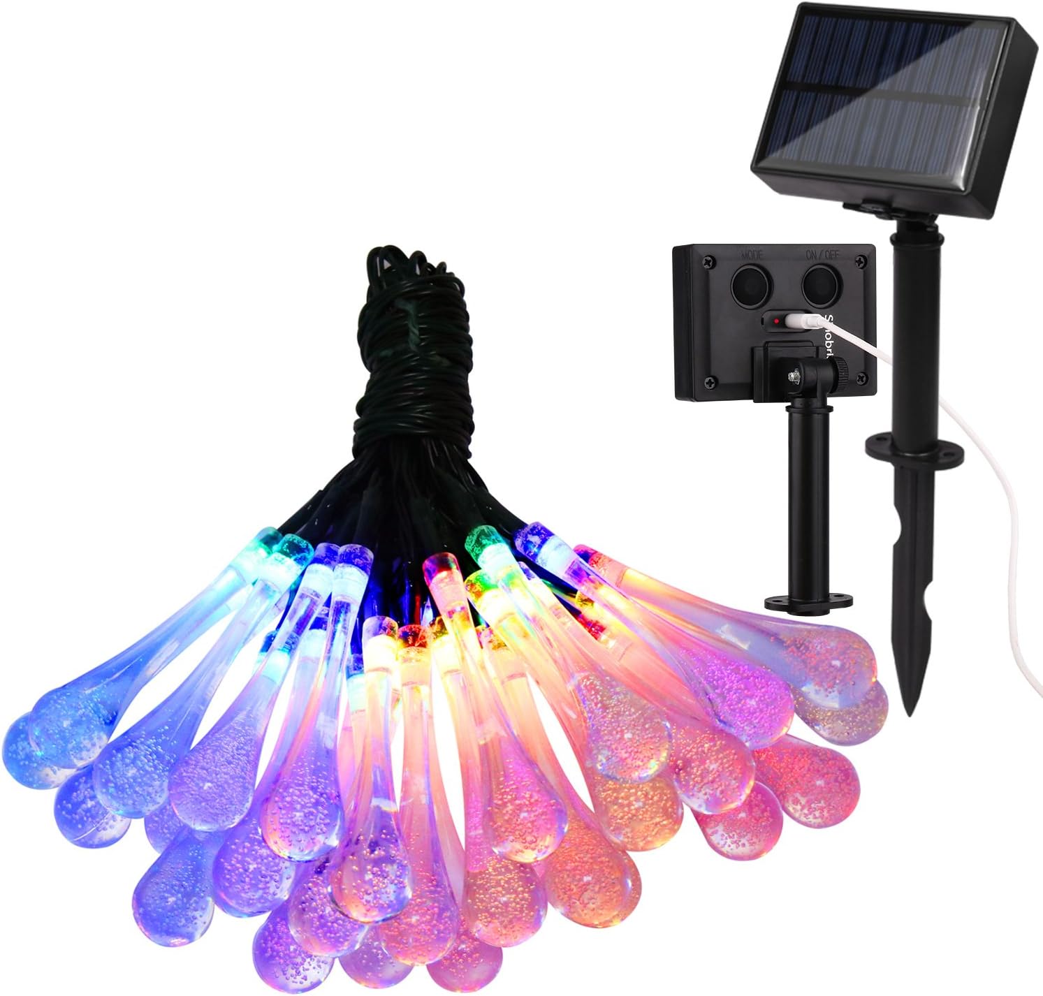Solar String Lights Outdoor Decorations Solar Powered Waterproof Indoor Fairy Light Multicolor USB Charge 20 FT 30 LED Water Drop for Home Decor Garden Wedding Landscape Party