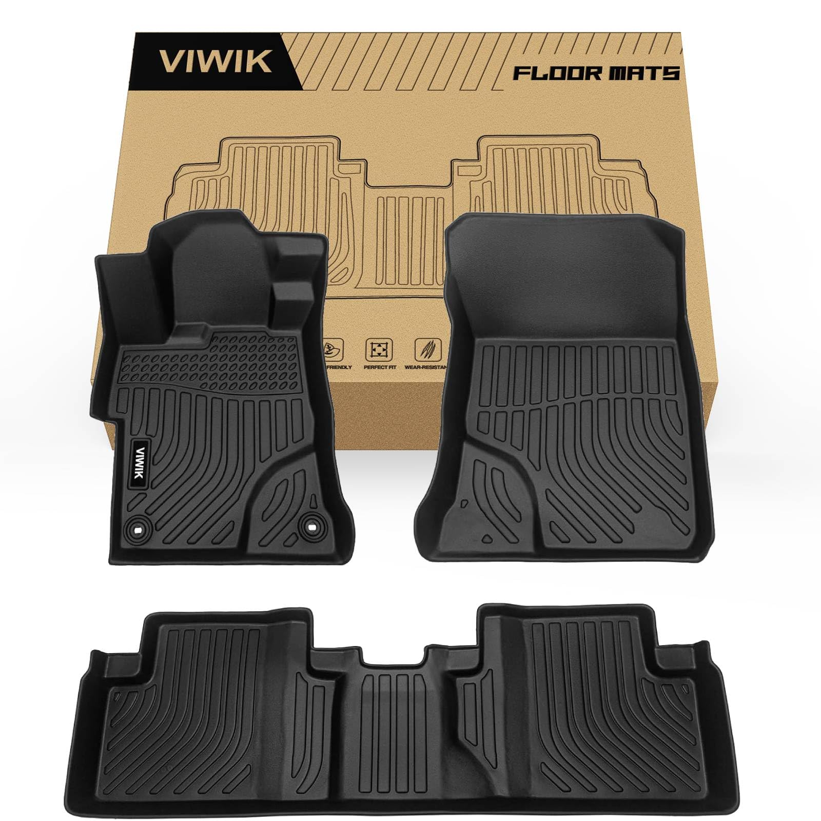 VIWIK Floor Mats for Honda Civic 2012 2013 2014 2015, Custom Fit All Weather TPE Floor Liners for Honda Civic 2012-2015 1st and 2nd Row, Automotive Car Mats, Black Image