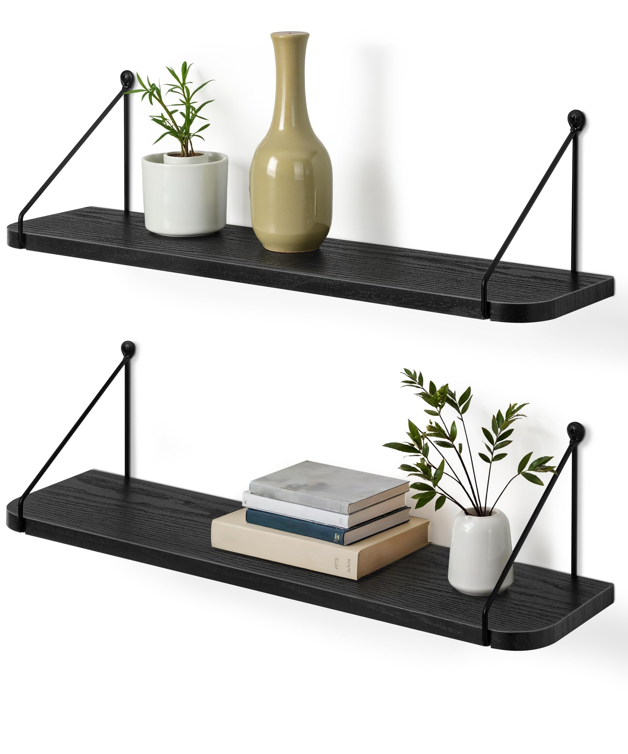 Afuly Black Floating Shelves 24 Inch for Bathroom Bedroom Kitchen Storage Organiser Modern Decorations Accessories Display for Living Room Office Home Rack with Set of 2