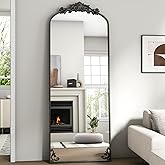 Easly 21"x 64" Arched Full Length Mirror, Freestanding Floor Mirror with Carved Metal Frame & Bottom Art Carved, Black Full Body Mirror for Home Decor