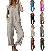 SCRRMZO Linen Rompers for Women Casual Short Sleeve Button Down Overalls Wide Leg Loose Jumpsuit with Pockets