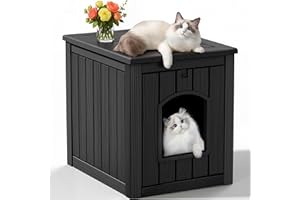 KFY Cat Litter Box Enclosure, Multi-Functional Hidden Cat Litter Box Furniture & Indoor Outdoor Cat House with Side Table Design, Openable Front Door & Raised Floor, Easy to Clean & Assemble, Black