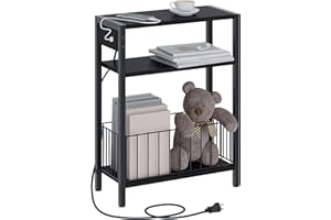 TRIFEBLE Narrow Side Table with Charging Station, Small End Table for Small Spaces, Slim Nightstand with Storage Basket, 3 Tier Skinny Bedside Table for Living Room, Bedroom, Black