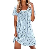 Ekouaer Nightgowns for Women Pleated Sleep Shirts Short Sleeve Night Shirts Lace Trim Night Gown Ladies Sleep Dress