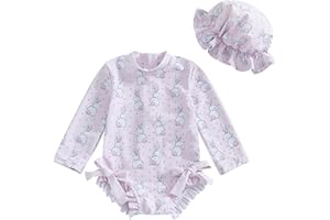 Toddler Baby Girl Swimsuit One Piece Rash Guard Ruffles Bathing Suit with Hat Long Sleeve Zipper Bowknot Swimwear