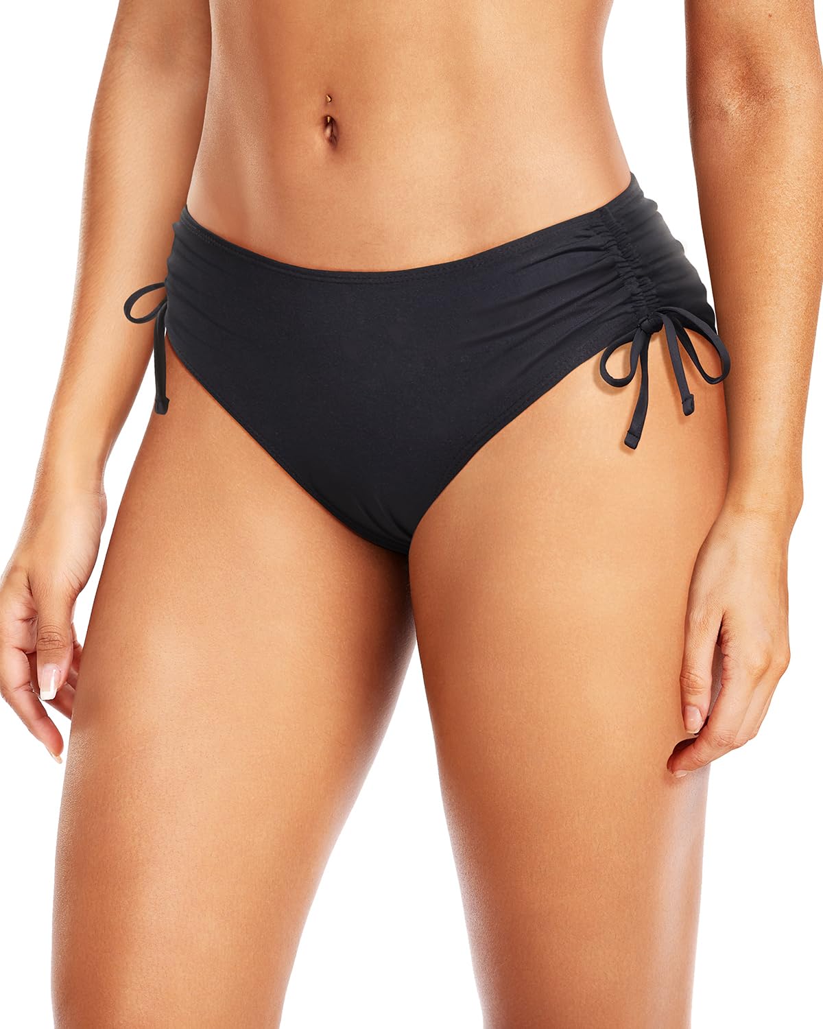Photo 1 of Daci Black Women Mid Waist Bikini Bottoms - Full Coverage Swim Bathing Suit Bottom Side Tied Swimsuit Bottoms M