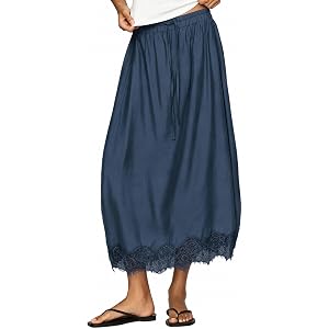 Yidarer Women's Drawstring Elastic Waist Lace Hem Midi Skirt with Pockets | Romantic Delicate Eyelash Lace Trim, Lightweight