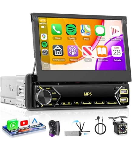 Rimoody Single Din Carplay Car Stereo Radio With Android Auto, 7 Inch 1 Din Flip Out Touch Screen Bluetooth Car Radio FM Radio TF/USB/AUX Mirror Link