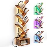 Casaottima Tree Bookshelf with LED Lights, 6-Tier Small Bookshelf, Vintage | Narrow Bookcase for Small Spaces, Steel &amp; Wood Storage Shelf with Cabinet, Home Organizer for Living Room, Bedroom, Office