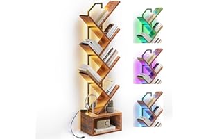 Casaottima 6-Tier Tree Bookshelf — Narrow Floor Standing Bookcase, Tall Steel & Wood Book Organizer Shelf with Cabinet, Home Decor for Living Room/Bedroom/Home Office, Vintage