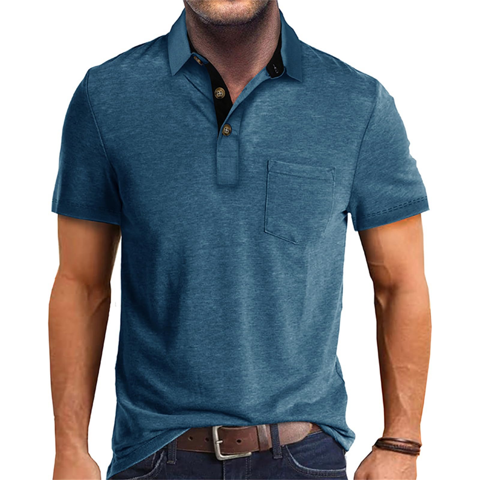 Photo 1 of Men’s Athletic Short Sleeve Polo Shirts Casual Moisture Wicking Golf Shirts Buttons Collared Solid T Shirts with Pocket Dark Blue