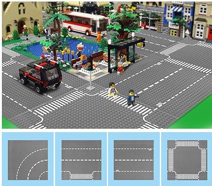 Modbrix 4 STÜCK City Strassen Platte Grundplatte Straßenplatten Set 32 x 32 Noppen Bauplatte Platten, 25.5 x 25.5 cm, Gerade 