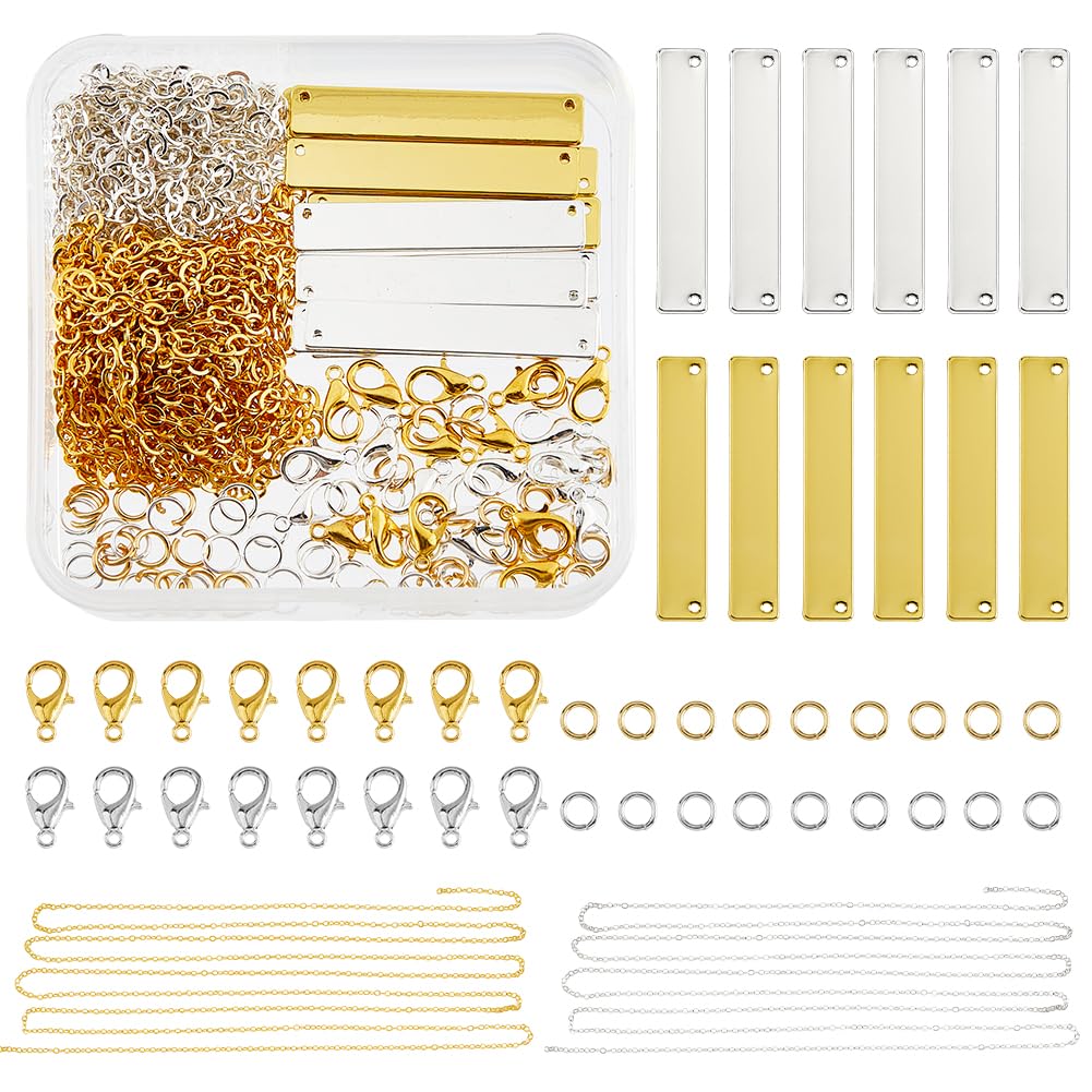DICOSMETIC 96Pcs Stamping Tag Pendants Rectangle Brass Blank Stamp Tagging Metal Name Plate Charm Set with Lobster Clasps Chains Open Jump Rings for DIY Personalized Crafts Supplies