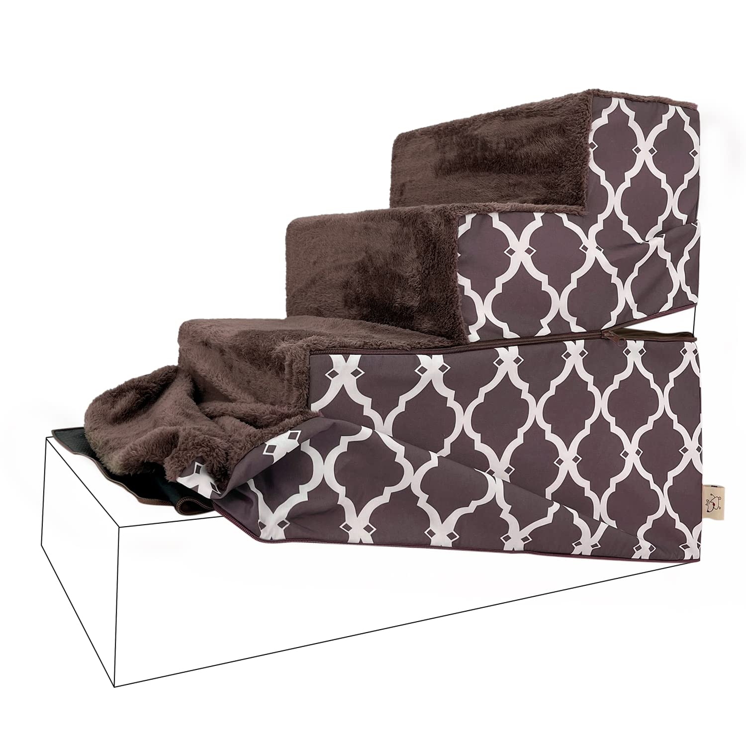 Best Pet Supplies Foldable Pet Stairs Cover for Foam Dog Ramps, Replacement Slip with Non-Slip Step Surface, Plush and Soft Fabric, Provides Paw Traction and Stability - Brown Lattice, 4-Step